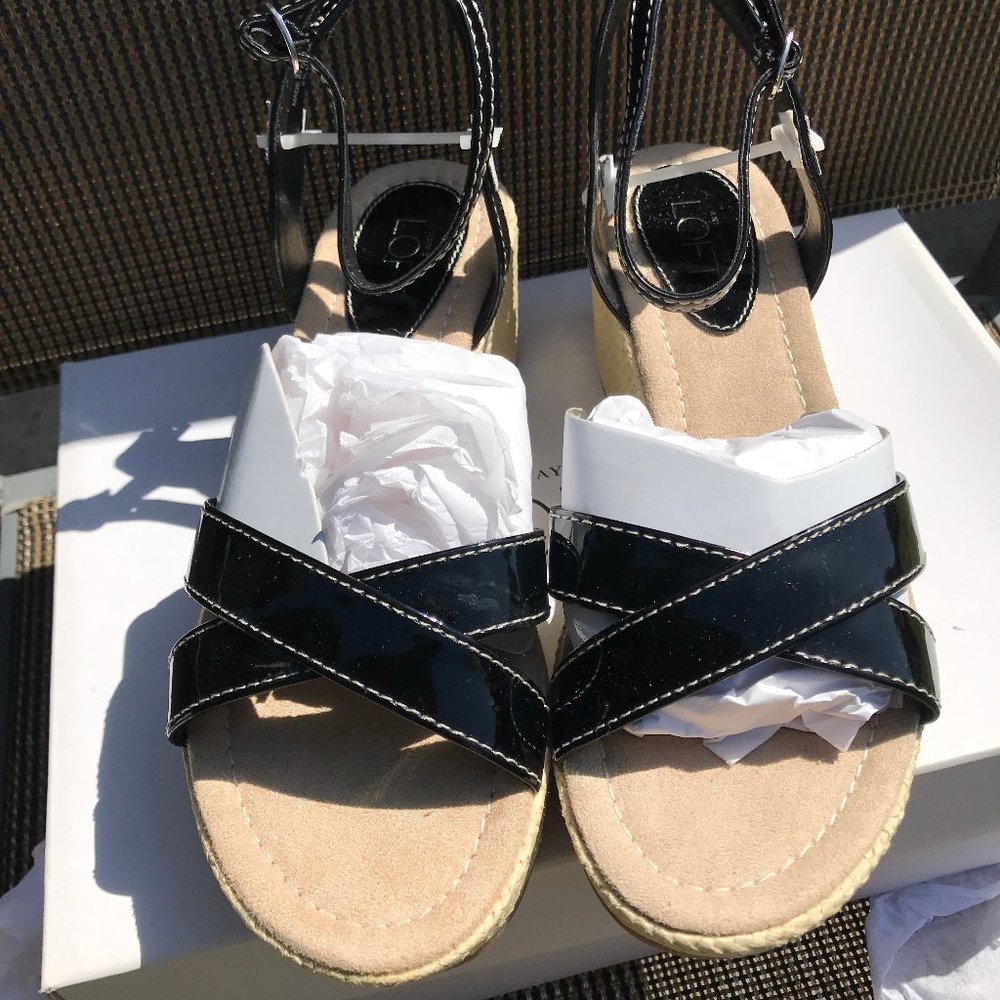 Ann Taylor LOFT STRAPPY BLACK wedge SANDALS NEW